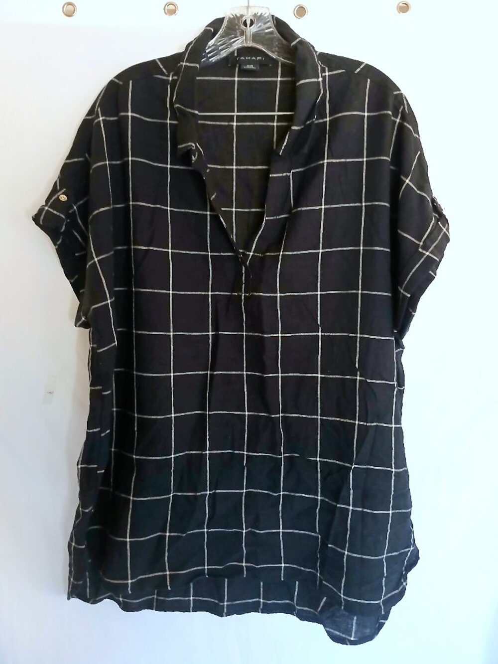 Tahari Black White Grid Linen‑Blend Tunic Top Shirt Plus 1X Coastal Quiet Luxury